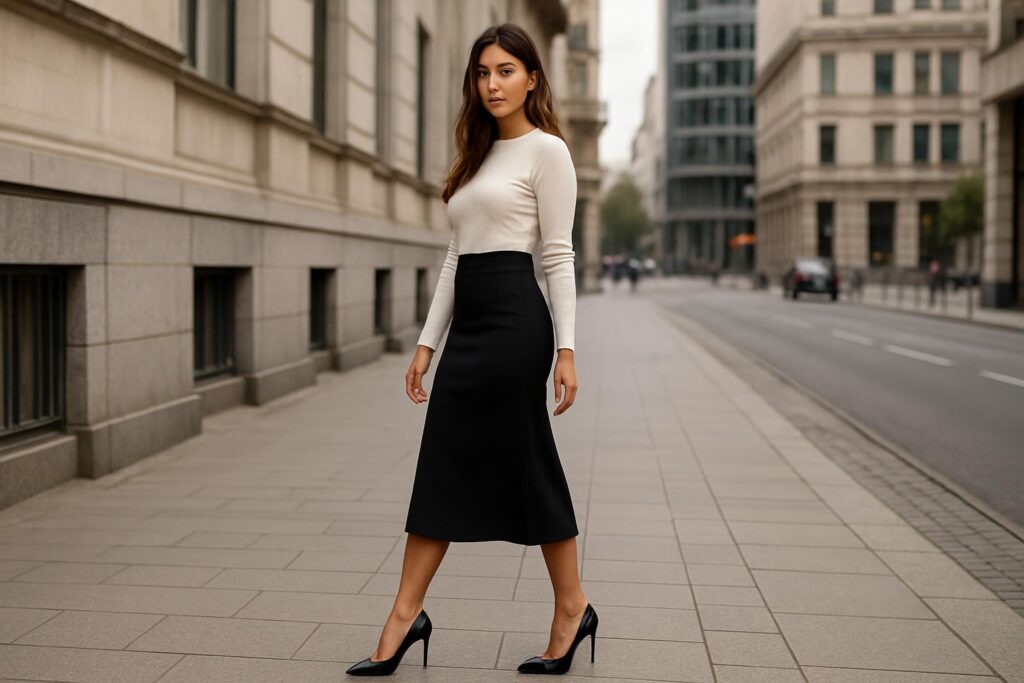 Szpilki do spódnicy midi – stylizacje, które wydłużają nogi